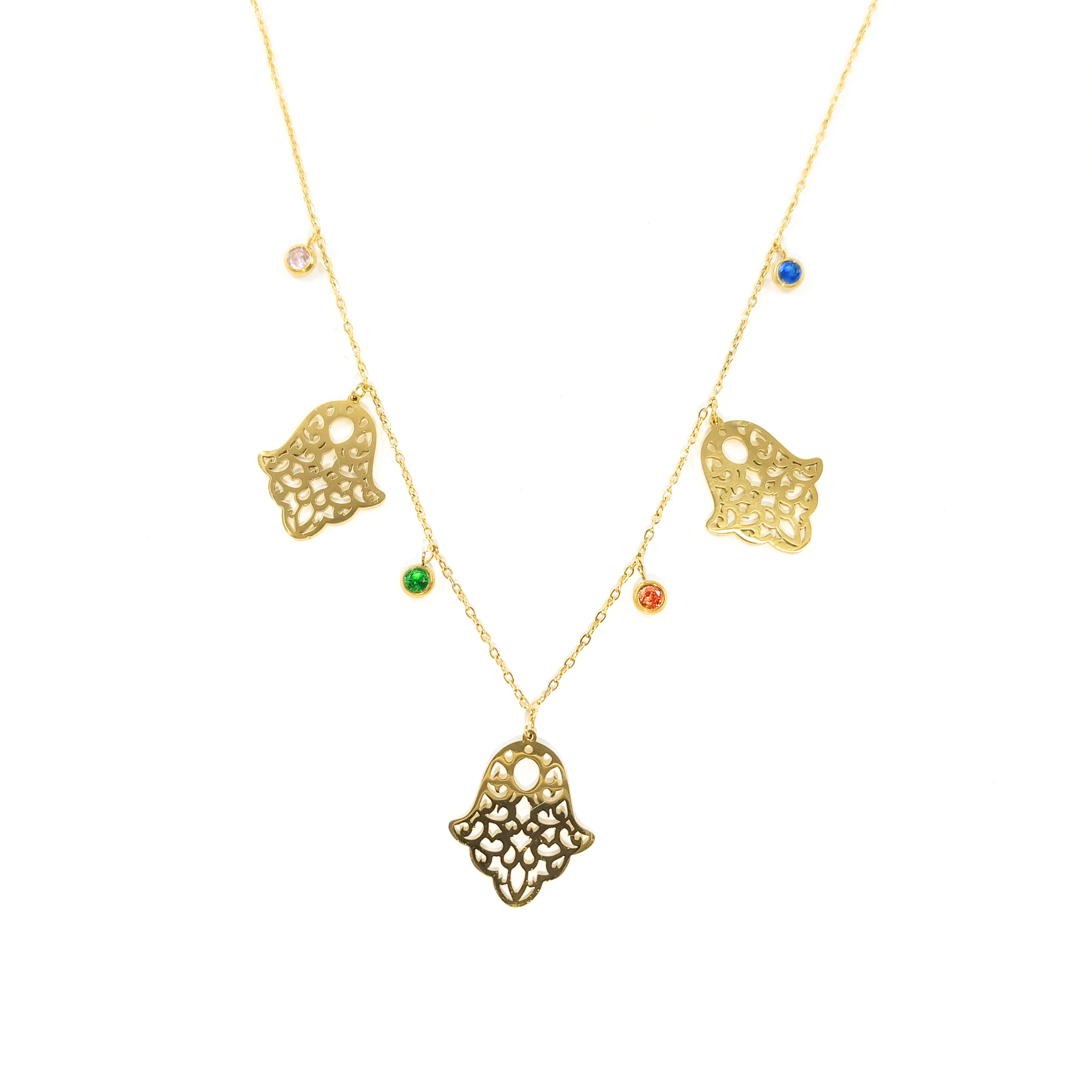 Collier Doré Main de Fatma & Pierres Colorées Collier Doré Main de Fatma & Pierres Colorées