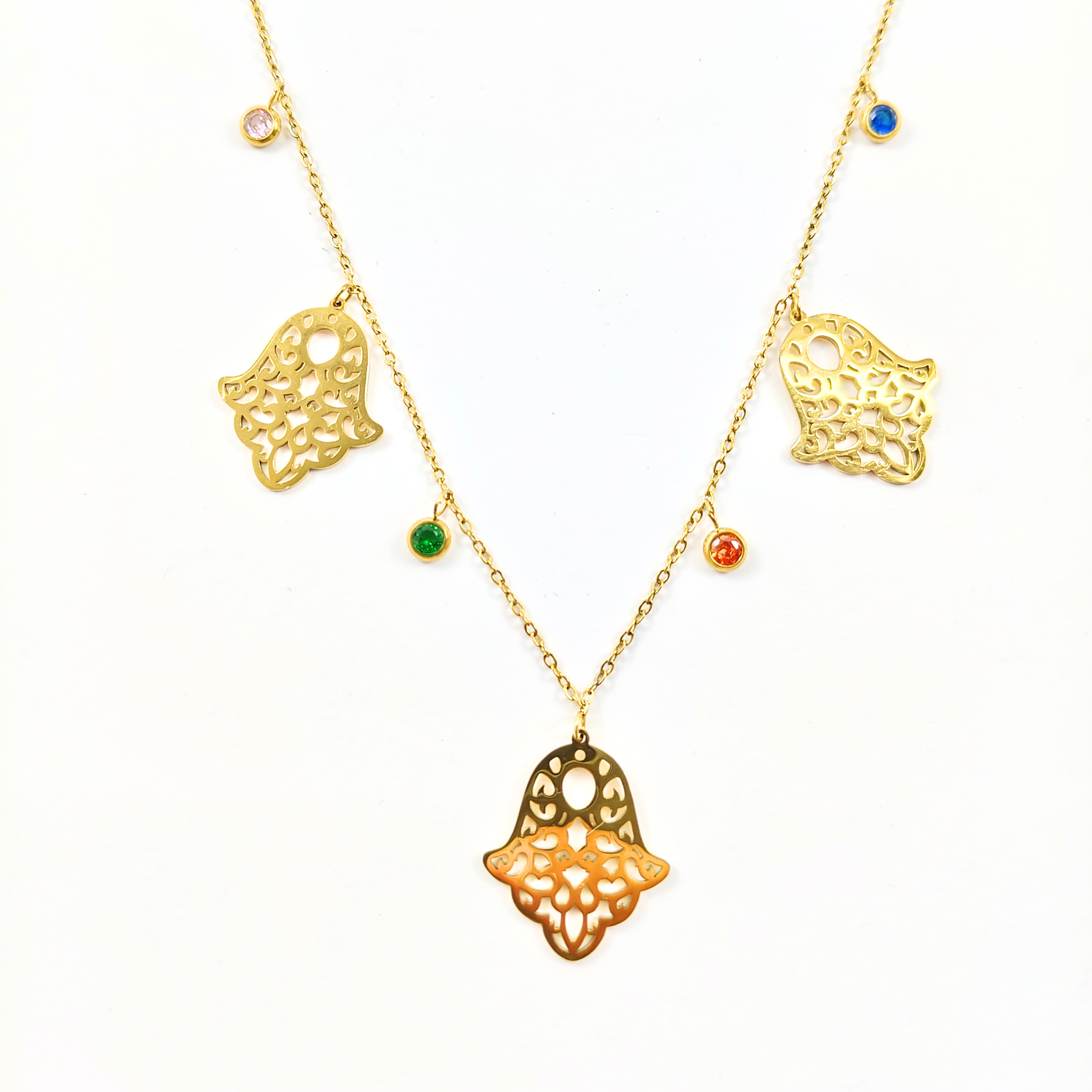 Collier Doré Main de Fatma & Pierres Colorées Collier Doré Main de Fatma & Pierres Colorées