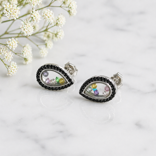 Boucles d’Oreilles Argent Goutte Élégance Noire & Cristaux Multicolores
