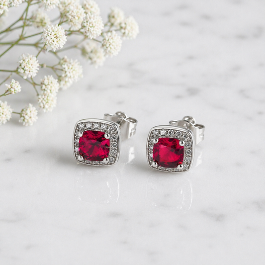 Boucles d’Oreilles Argent 925 Carrées Rouge Rubis Éclat Luxe