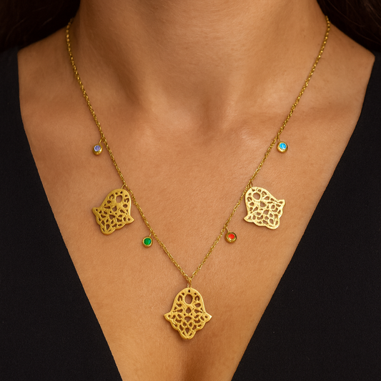 Collier Doré Main de Fatma & Pierres Colorées