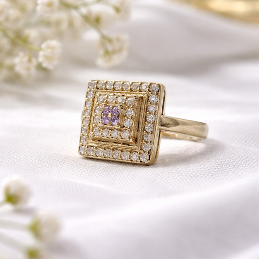 Bague Antique Carrée en Argent & Bronze – Cristaux et Pierres Violettes