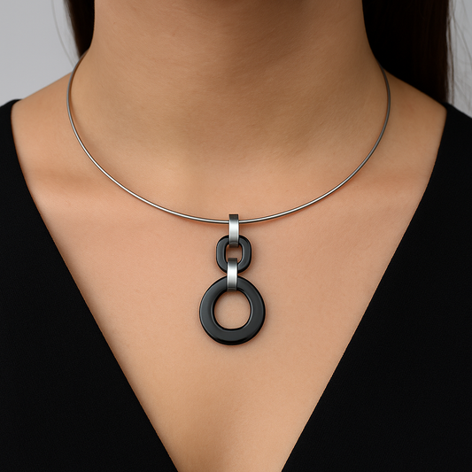 Collier Design Cercle Noir & Acier Inoxydable