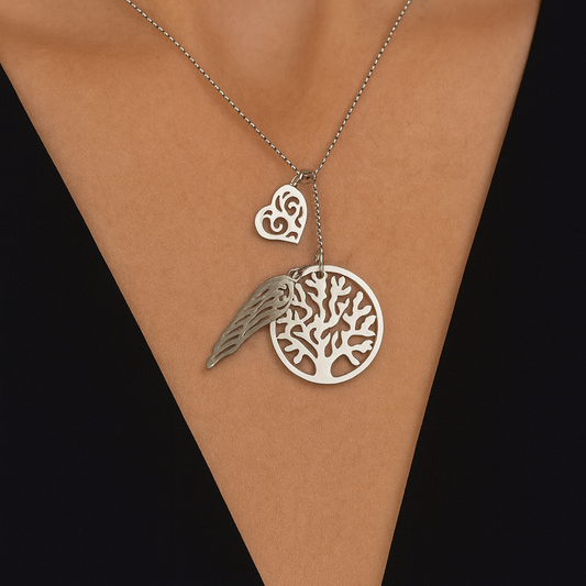 Collier en Acier Inoxydable – Arbre de Vie, Aile d’Ange & Cœur
