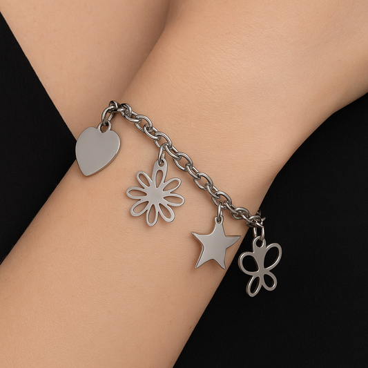 Gourmette en Acier Inoxydable – Charms Cœur, Fleur, Étoile et Papillon