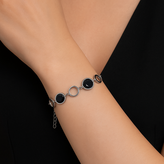 Gourmette Cercle & Ovales Noir en Acier Inoxydable