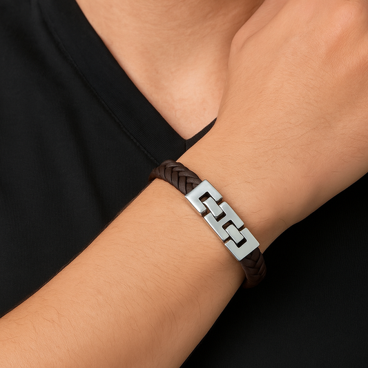 Bracelet en cuir tressé et acier pour homme