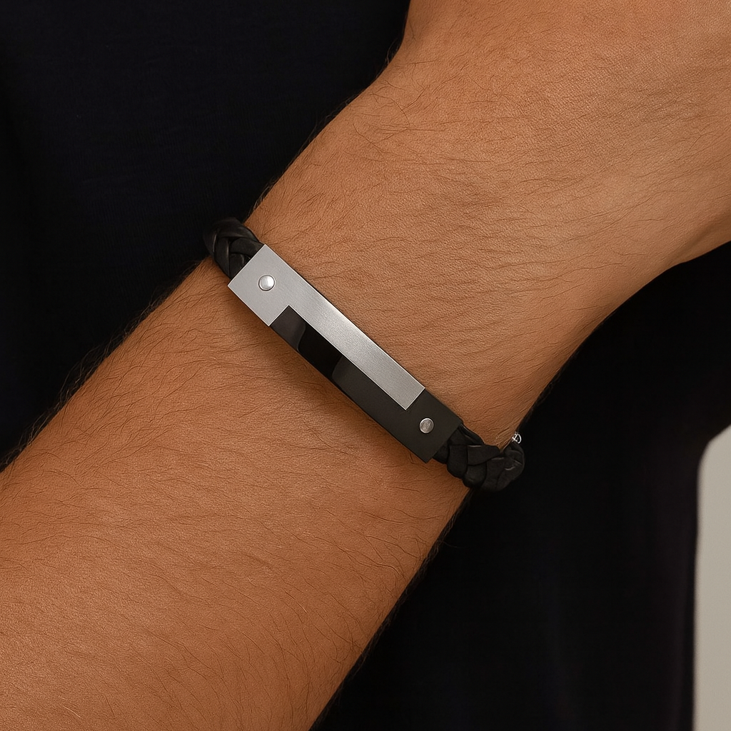 Bracelet homme acier Inoxydable cuir tressé et carbone Bracelet homme acier Inoxydable cuir tressé et carbone