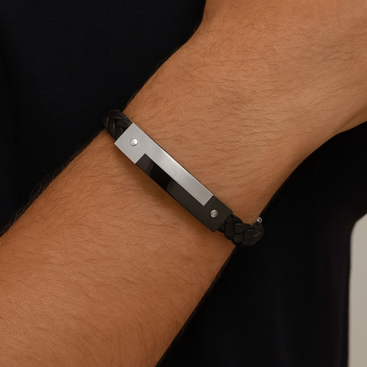 Bracelet homme acier Inoxydable cuir tressé et carbone