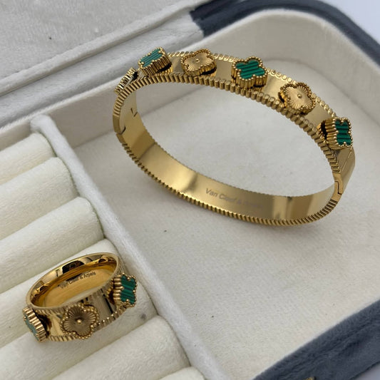 Ensemble Bracelet & Bague Trèfle Doré – Acier Inoxydable | Élégance Intemporelle