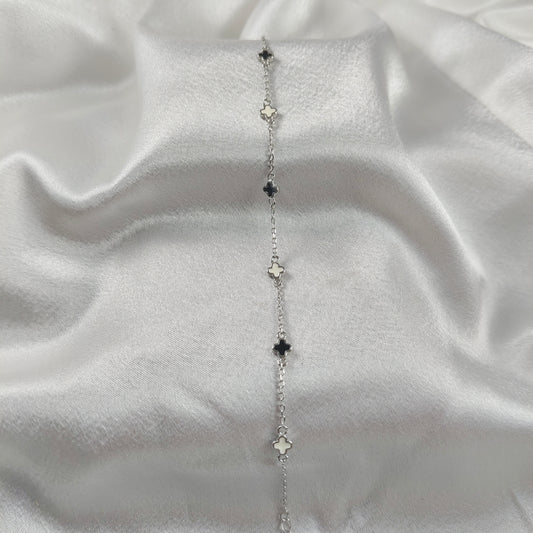 Gourmette “Trèfles Émail Noir & Blanc” en Argent 925