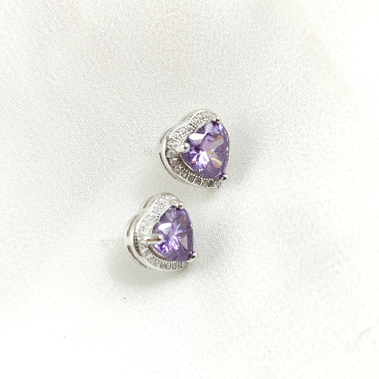 Boucles d’Oreilles Duo Cœur en Argent 925 – Rose & Violet Étincelant