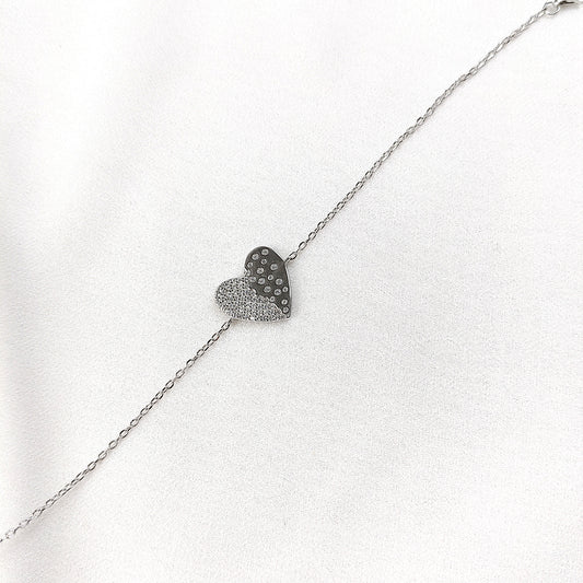 Gourmette en Argent 925 Cœur Bicolore Pavé de Zircons