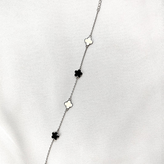 Gourmette en Argent 925 Trèfles Nacre et Onyx