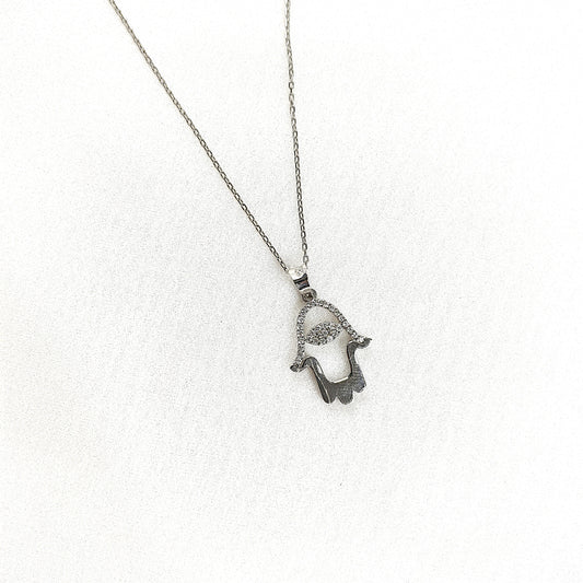 Chaîne en Argent 925 Pendentif Main de Fatma (Hamsa) Cristallisée