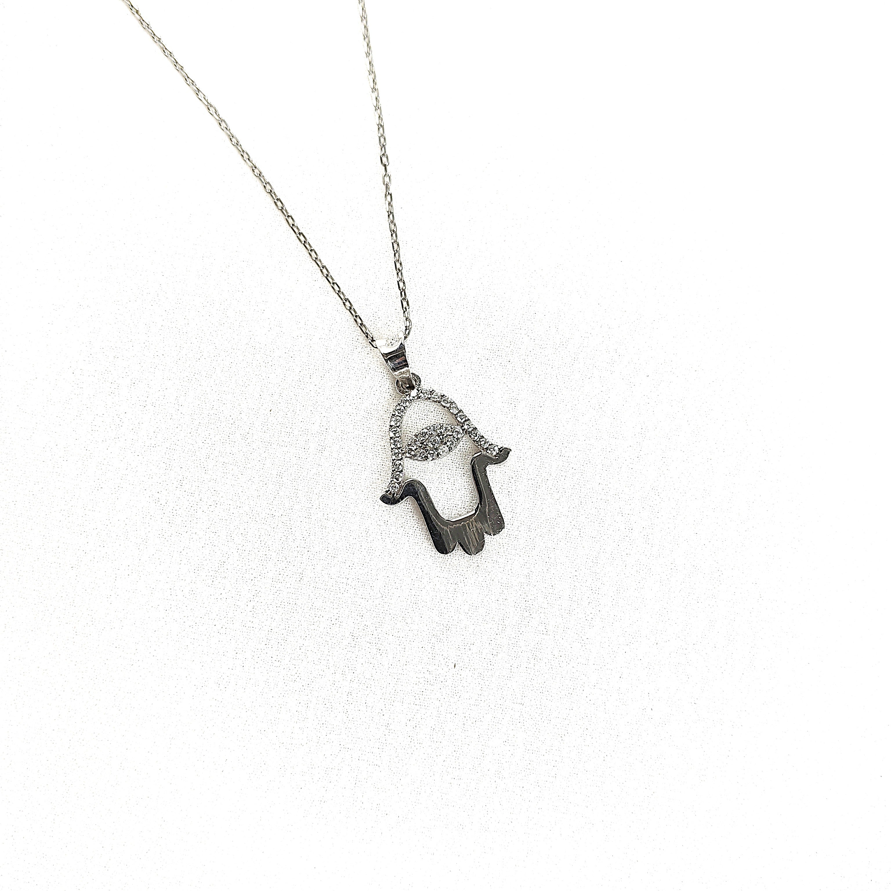Chaîne en Argent 925 Pendentif Main de Fatma (Hamsa) Cristallisée Chaîne en Argent 925 Pendentif Main de Fatma (Hamsa) Cristallisée