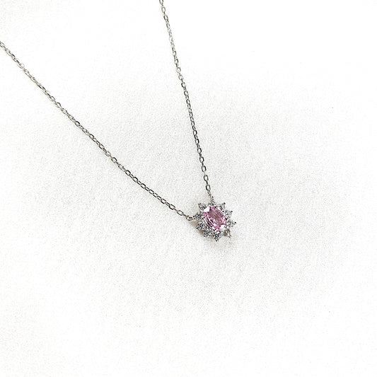 Chaîne en Argent 925 avec Pendentif Solitair Rose & Éclat de Zircons