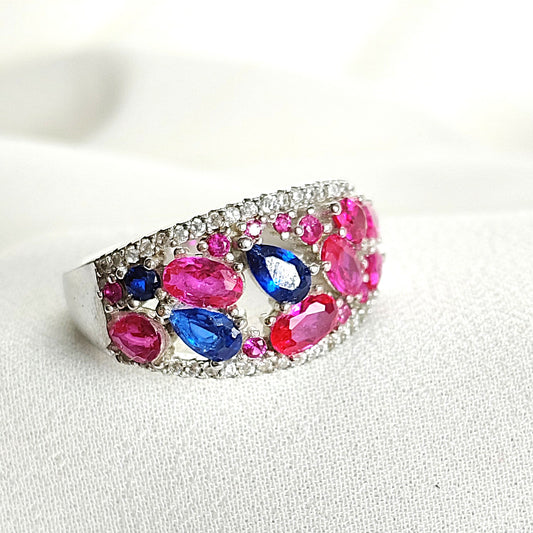 Bague en Argent Rhodié Multicolore avec Pierres Roses et Bleues