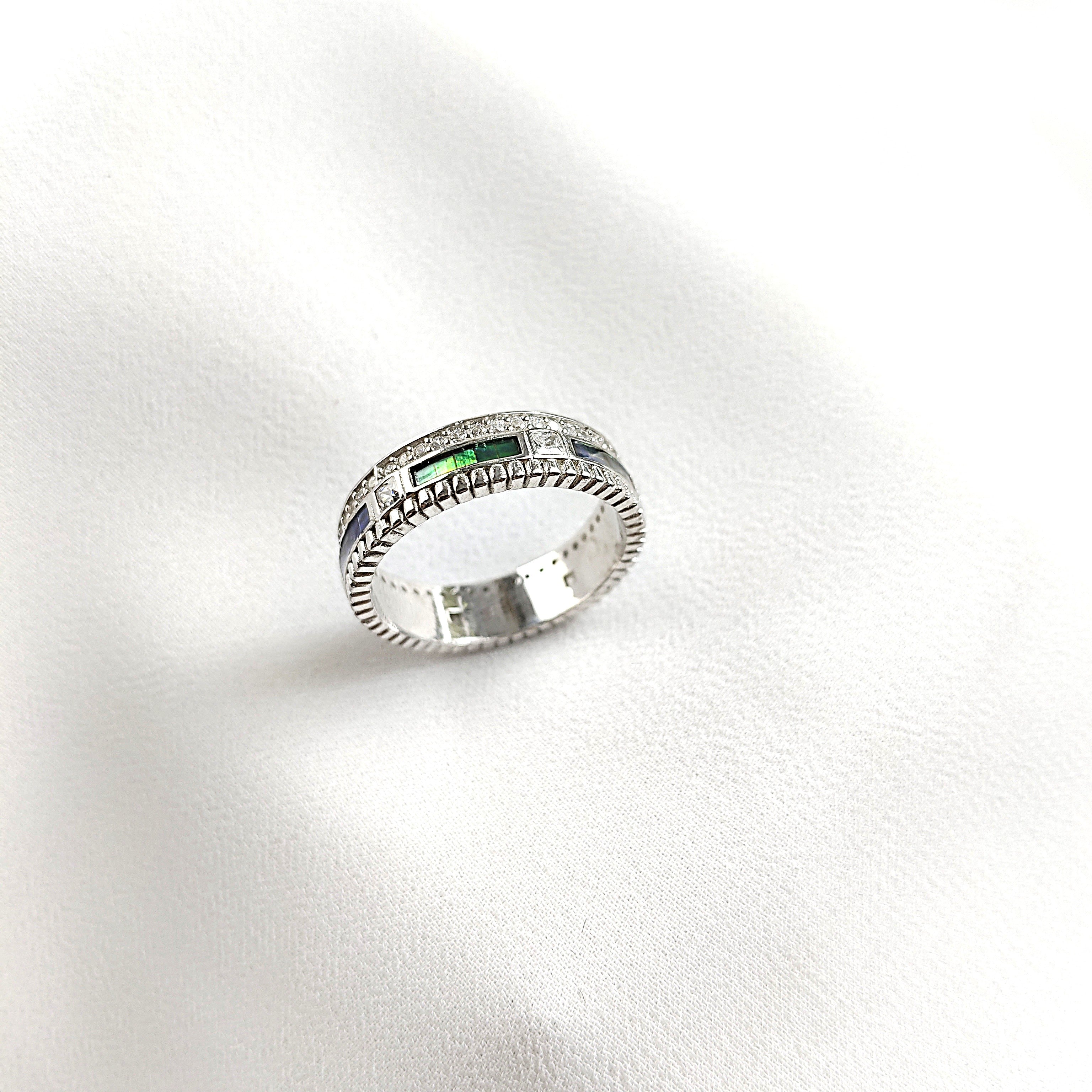Bague en Argent Rhodié avec Pierres Rectangulaires Bleues et Vertes Bague en Argent Rhodié avec Pierres Rectangulaires Bleues et Vertes