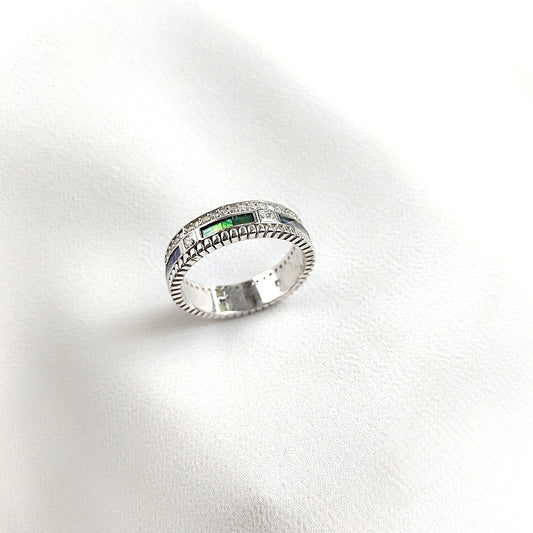 Bague en Argent Rhodié avec Pierres Rectangulaires Bleues et Vertes