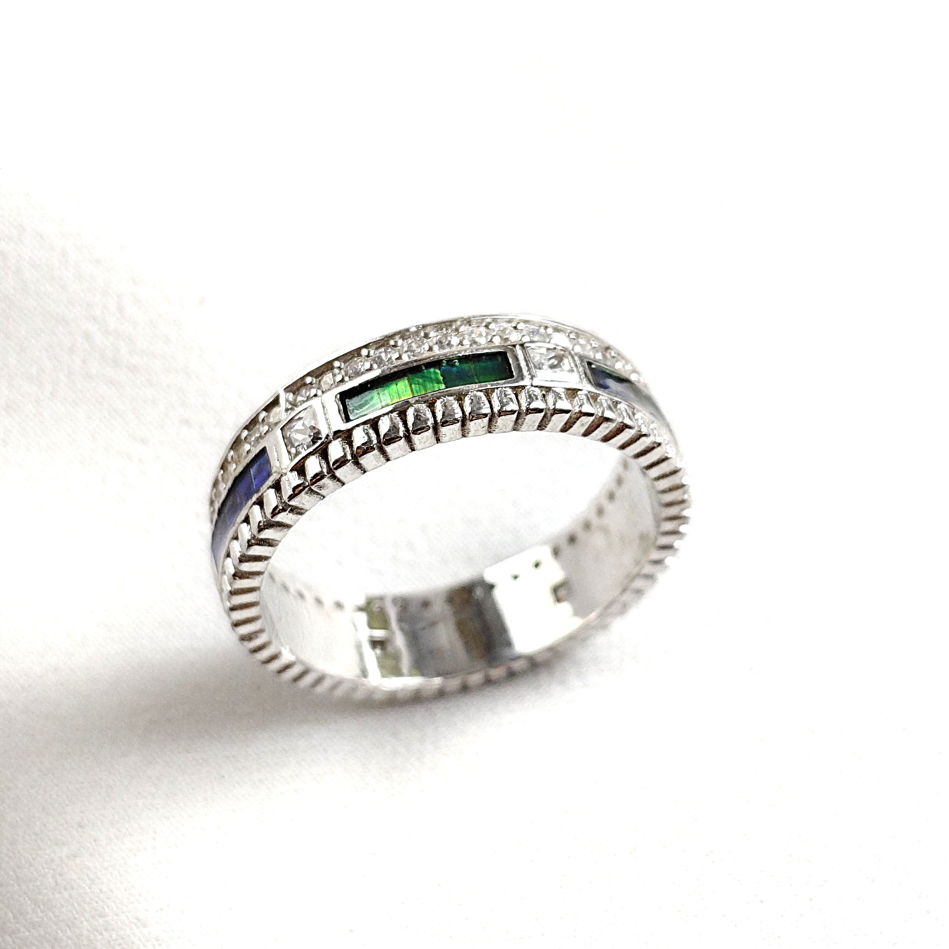 Bague en Argent Rhodié avec Pierres Rectangulaires Bleues et Vertes Bague en Argent Rhodié avec Pierres Rectangulaires Bleues et Vertes