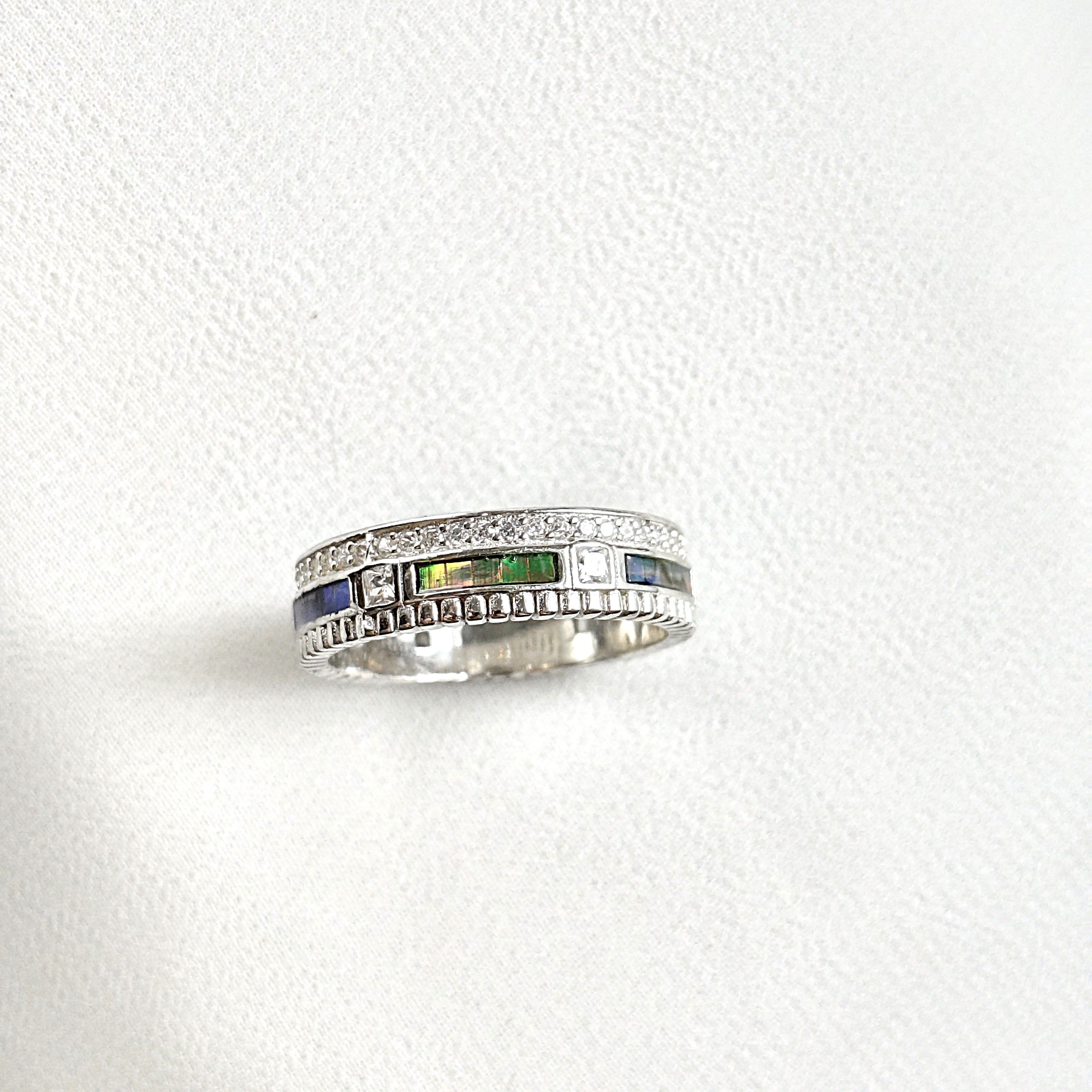Bague en Argent Rhodié avec Pierres Rectangulaires Bleues et Vertes Bague en Argent Rhodié avec Pierres Rectangulaires Bleues et Vertes