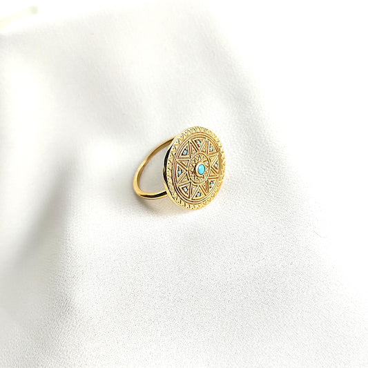 Bague en plaqué or motif mandala avec pierres turquoise
