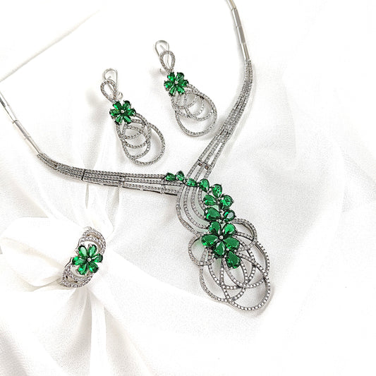 Parure en Argent Rhodié avec Zircons Verts