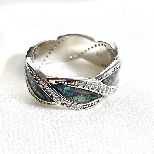 Bague en argent 925 incrustée nacre d’abalone et zircons – Éclat océanique