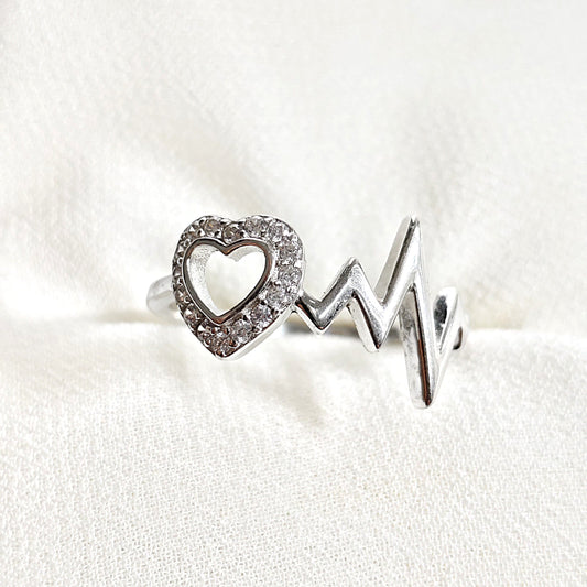 Bague en argent 925 battement de cœur et cœur zircon – Amour vibrant