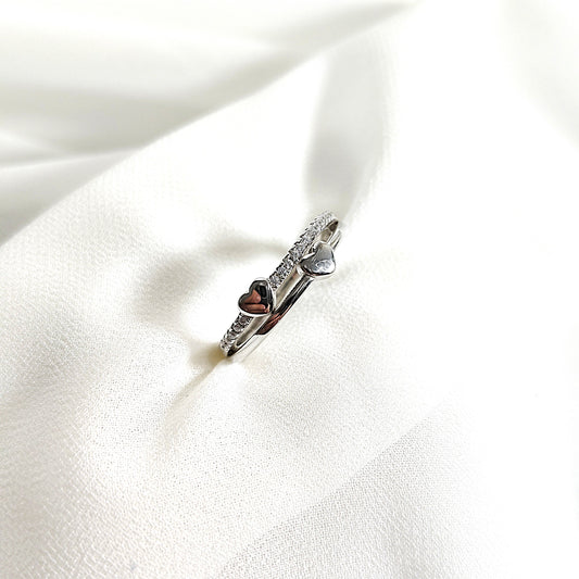 Bague en argent 925 double anneau avec cœurs – Amour Éternel