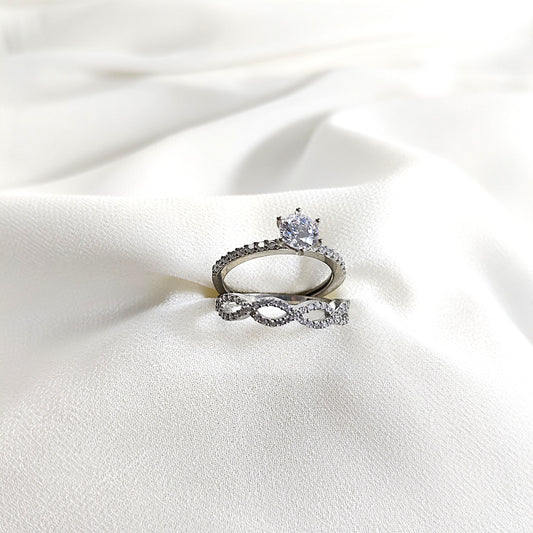 Bague en argent 925 “Éternité Brillante” – Duo d’alliance et solitaire en zircon