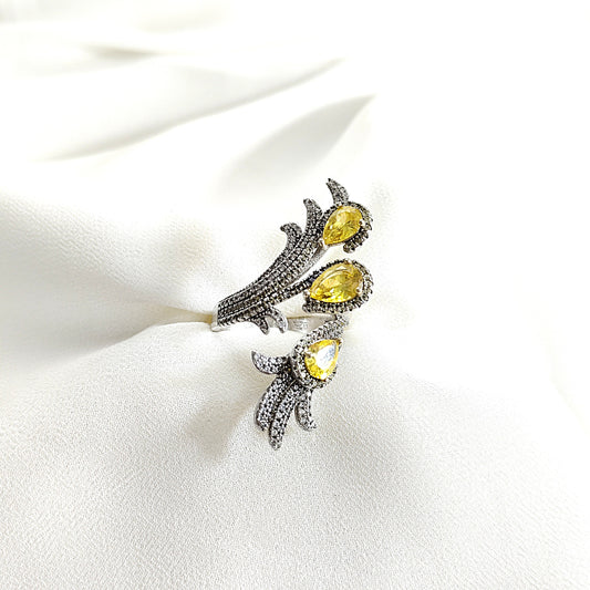 Bague en argent 925 “Flamme Solaire” – Design floral avec zircons jaunes éclatants
