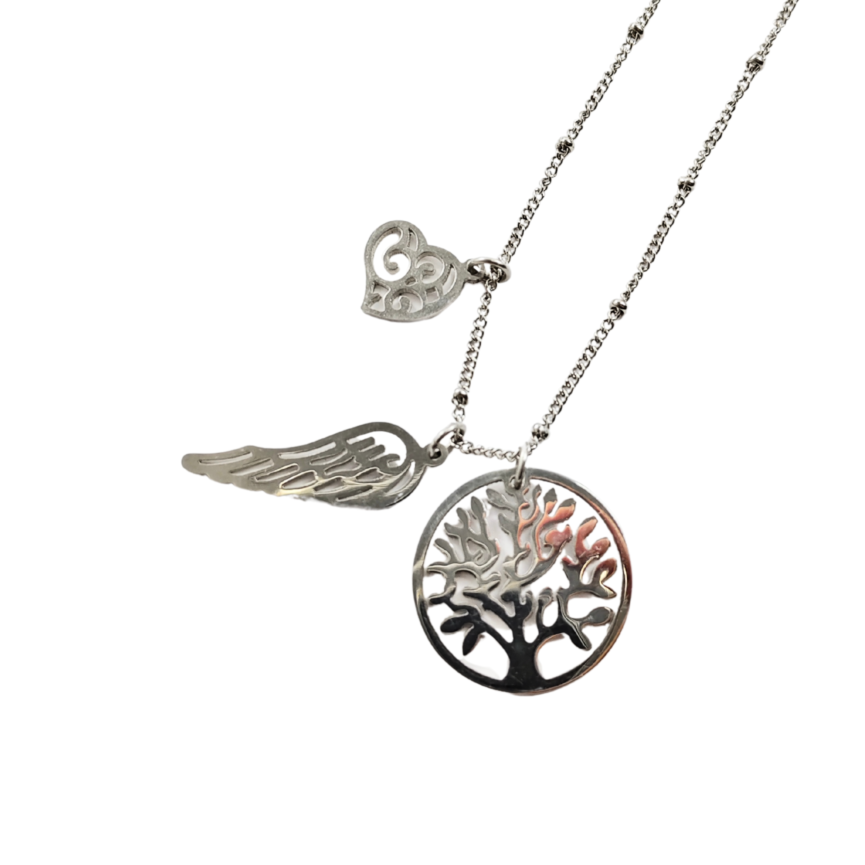 Collier en Acier Inoxydable – Arbre de Vie, Aile d’Ange & Cœur Collier en Acier Inoxydable – Arbre de Vie, Aile d’Ange & Cœur
