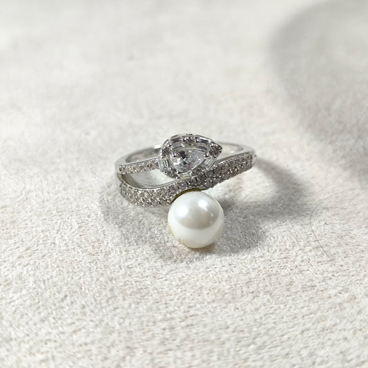 Bague Argent Perle Royale – Double Anneau & Cristaux Scintillants