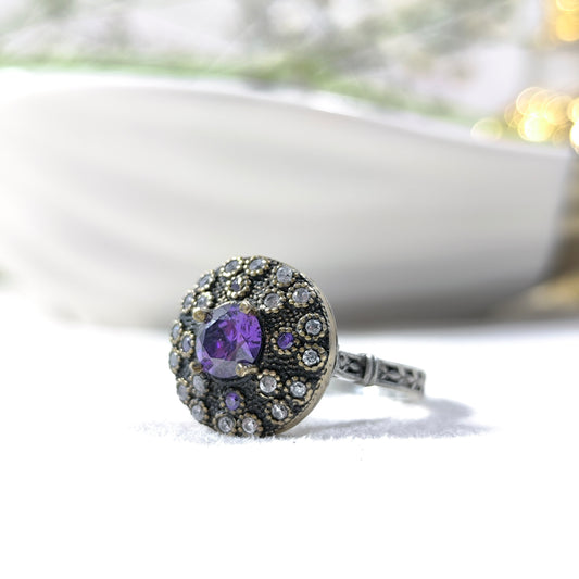 Bague Antique Ronde en Argent & Bronze – Pierre Centrale Colorée et Cristaux