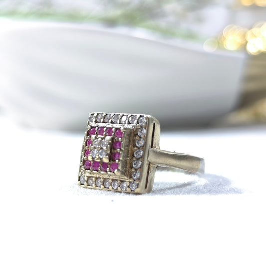 Bague Antique Carrée en Argent & Bronze – Cristaux et Pierres Violettes