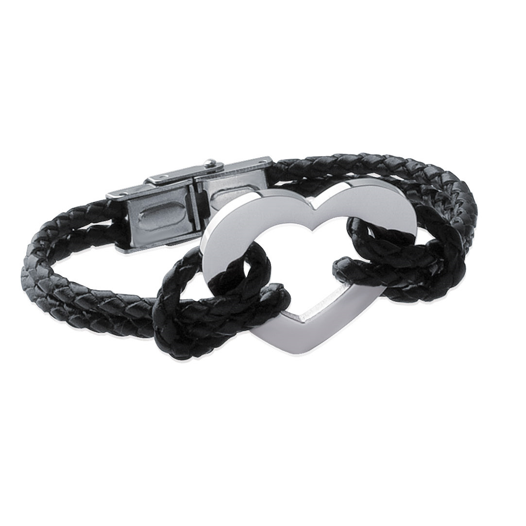 Bracelet Cuir Noir & Cœur en Acier Inoxydable Bracelet Cuir Noir & Cœur en Acier Inoxydable
