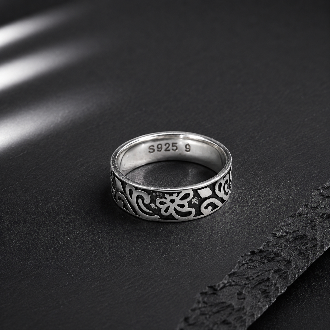 Bague Homme Argent 925 Gravure Florale Vintage
