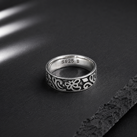 Bague Homme Argent 925 Gravure Florale Vintage