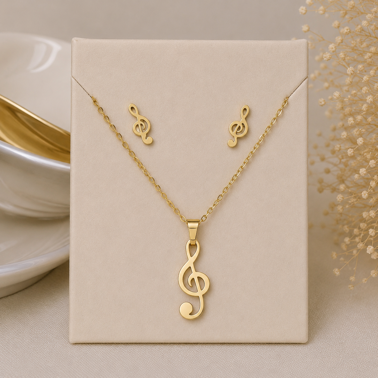 Parure Clé de Sol Dorée en Acier Inoxydable 316L – Collier & Boucles d’Oreilles