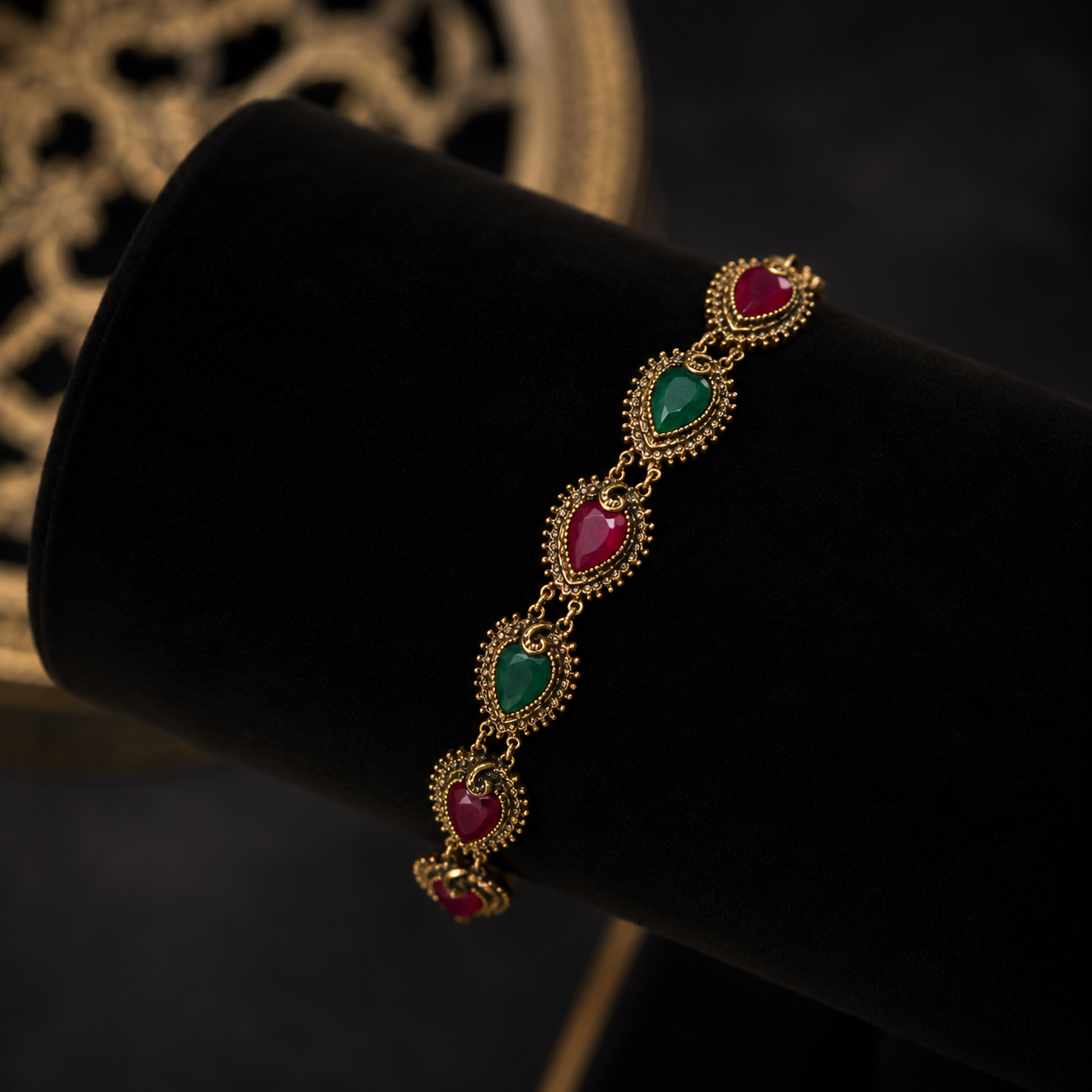 Bracelet Oriental en Vrai Bronze – Pierres Vertes et Rubis