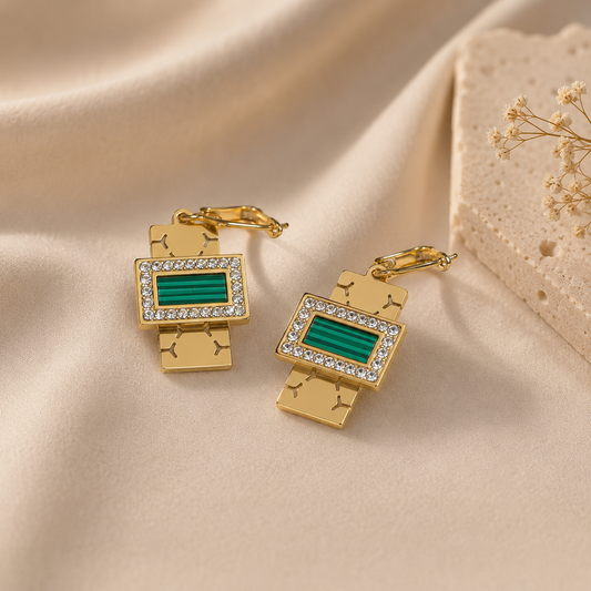 Boucles d’Oreilles Luxe Rectangle en Acier Inoxydable – Blanc, Noir & Vert