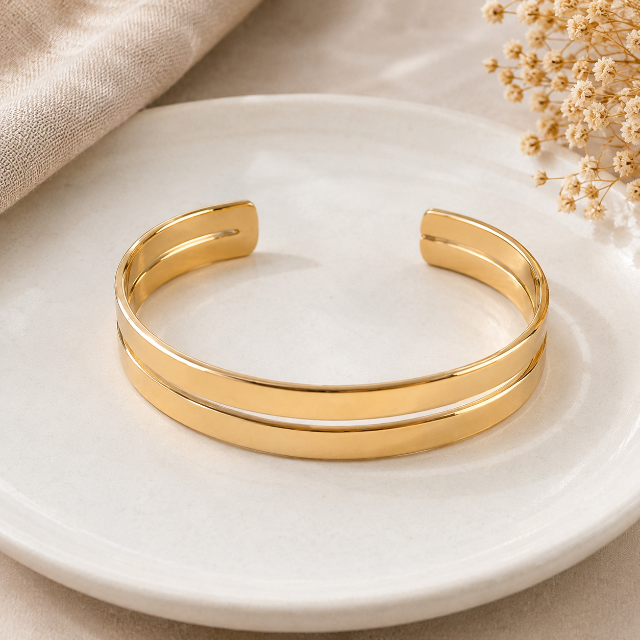 Bracelet Manchette Double Ligne Doré – Acier Inoxydable Femme | CN