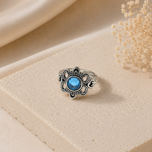 Bague Fleur Bleue en Acier Inoxydable – Élégance Vintage