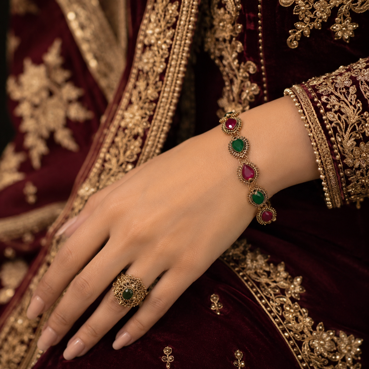 Bracelet Oriental en Vrai Bronze – Pierres Vertes et Rubis