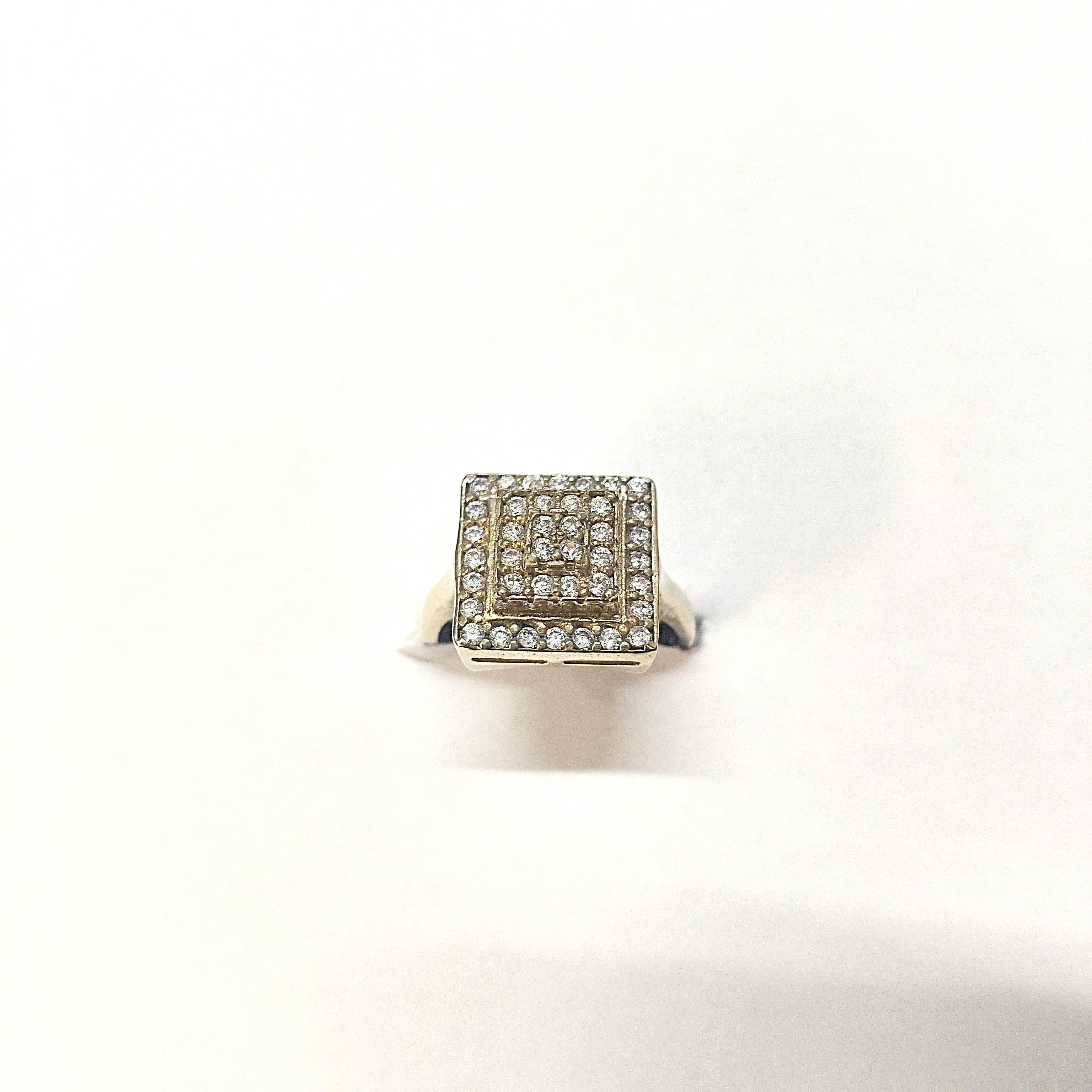 Bague Antique Carrée Dorée & Argent – Motif Géométrique Pavé de Zircon