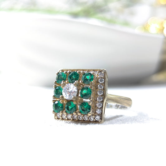 Bague Antique Carrée en Argent & Bronze – Pierres Multicolores Serties