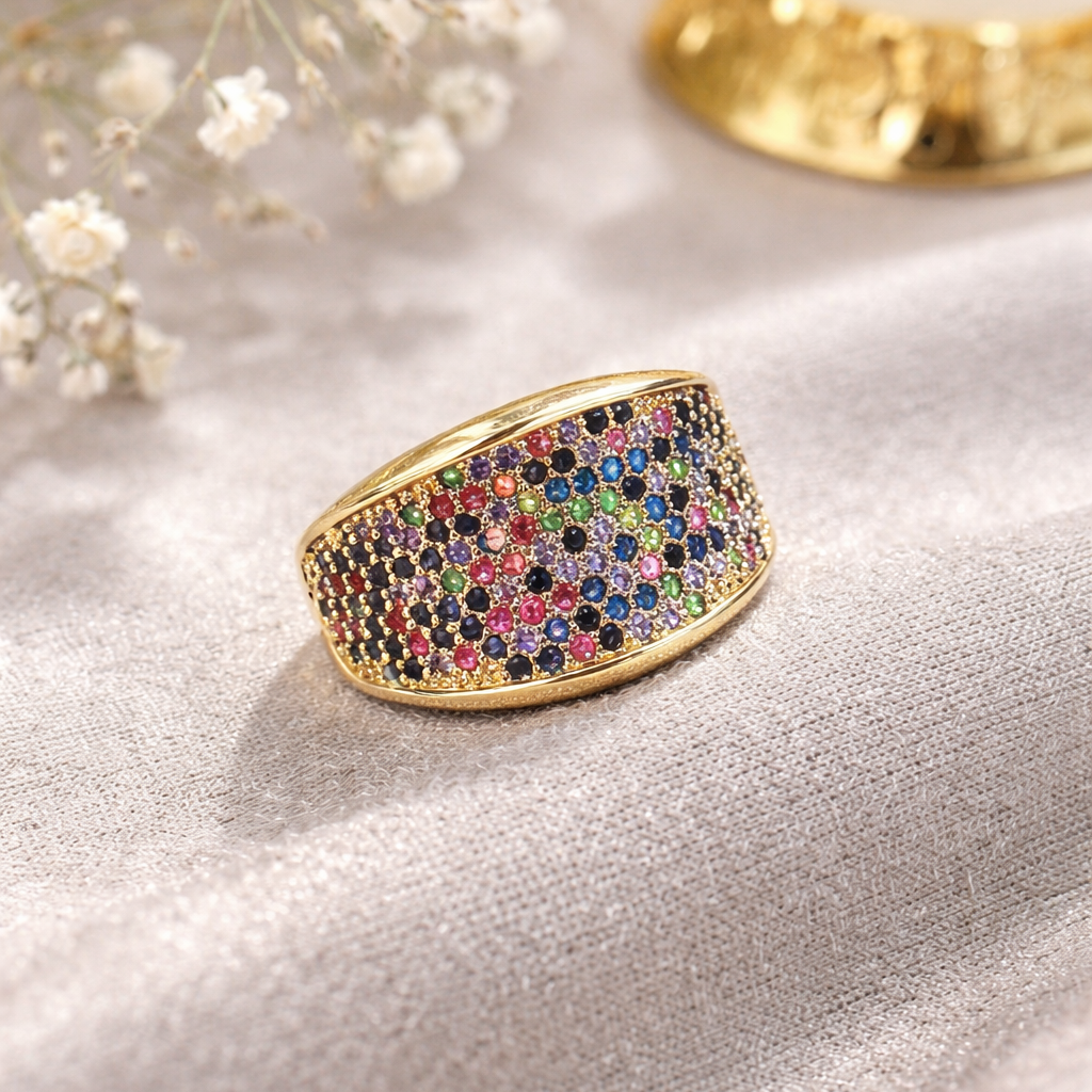 Bague Luxe Multicolore en Plaqué Or – Élégance Moderne & Éclat Raffiné