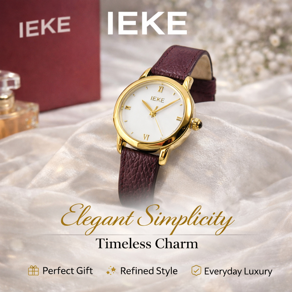 Montre Femme IEKE – Élégance Dorée & Bracelet Bordeaux